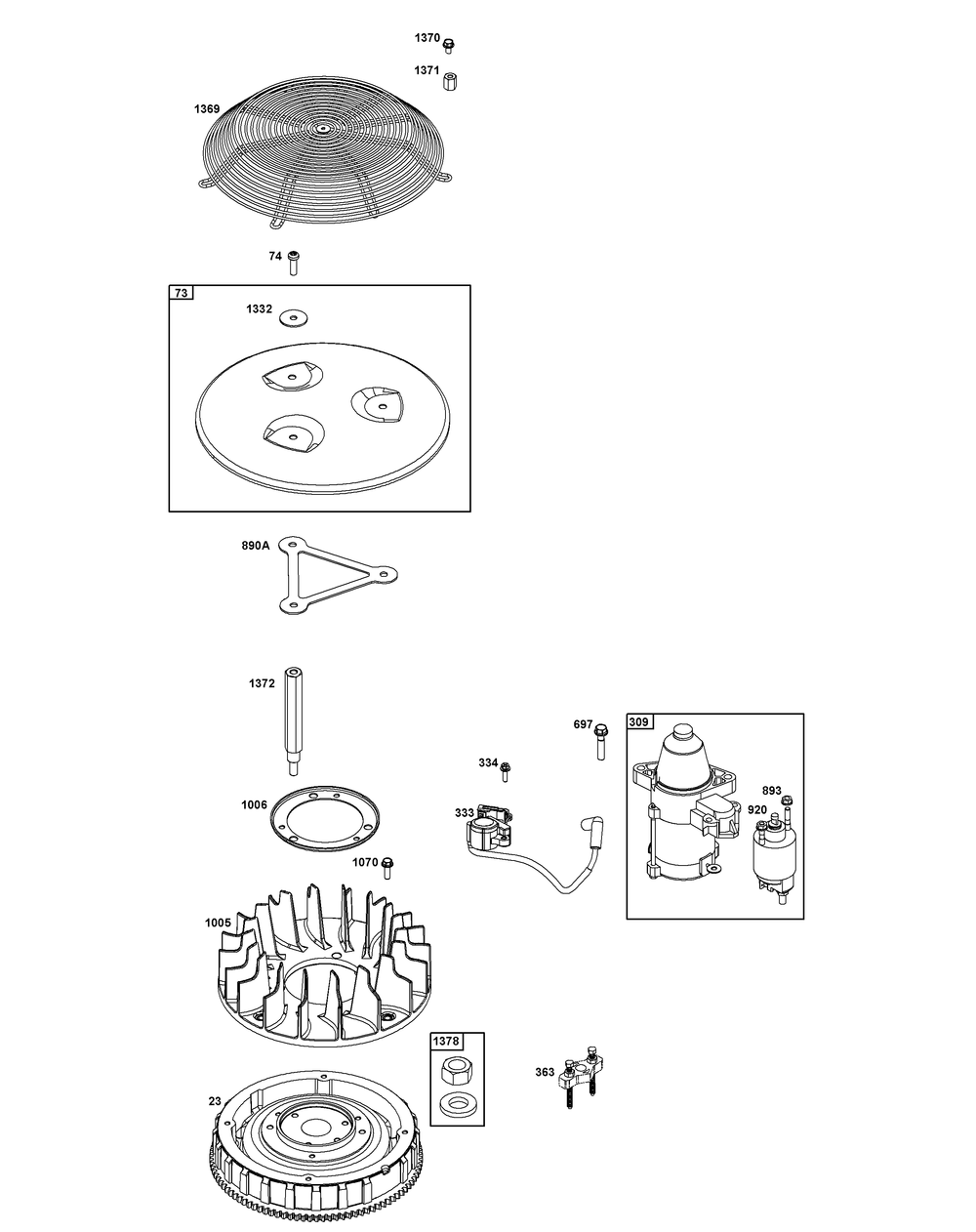 Flywheel, Ignition, And Starter Group Diagram and Parts List for 54E677-0004-J1 400000 - 699999 Briggs and Stratton Engine